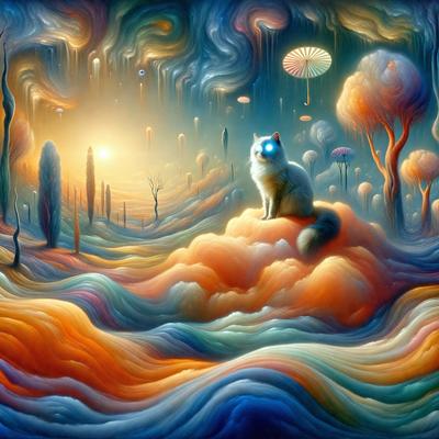 The primary subject of the image is a cat sitting on a cloud. The setting is a whimsical, surreal landscape with a variety of objects and creatures, including trees, flowers, and other animals. The visual style is a combination of digital art and illustration, creating a vibrant and imaginative scene. The dominant colors are orange, blue, and purple, giving the image a warm and dreamy atmosphere.